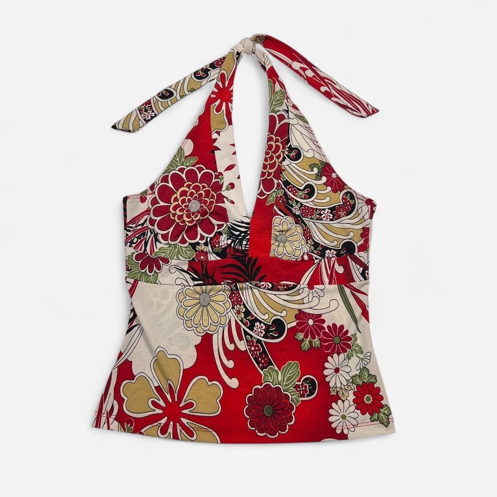 Y2K Vintage Sans Souci Asian Floral Print Halter Top
